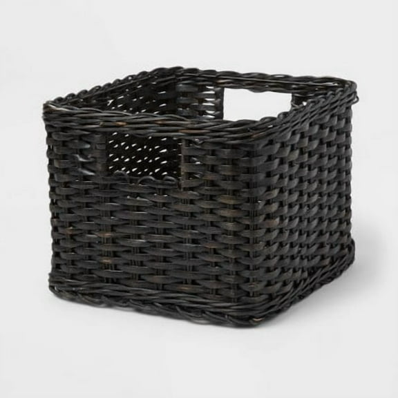 S Washed Woven Rattan Crate Black -  Rectangle Decorative Basket, 8" H x 11.25" W x 10" D, Air Dry