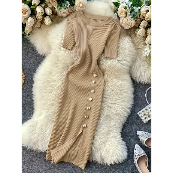 S - XL Women's Casual Slim Fit Ribbed Knit Midi Dress with Shortsleeves