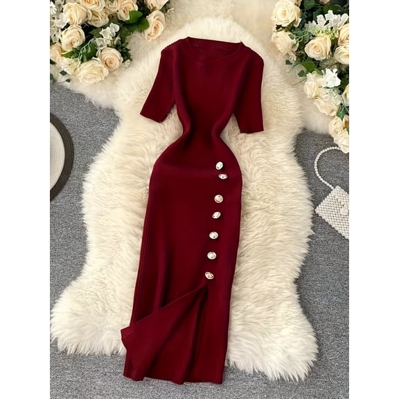 S - XL Women's Casual Slim Fit Ribbed Knit Midi Dress with Shortsleeves