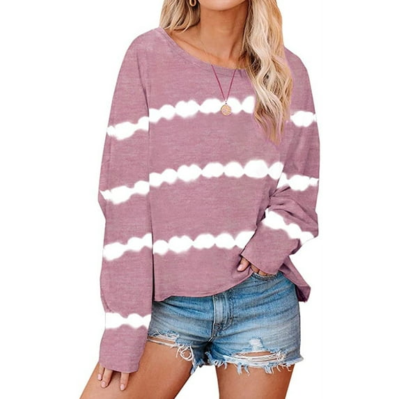 S-XXXXXL Long Sleeve Stripe T-Shirts for Ladies Tie Dye Round Neck Pullover Tops Office Workwear Oversized Women Casual Loose Sweatshirts