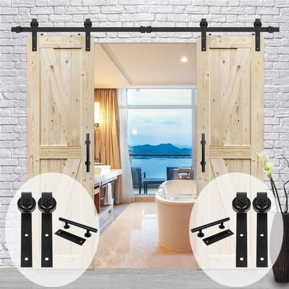 S&Z TOPHAND 6 FT (5-17FT) Double Gate Classic Sliding Barn Door Hardware Kit Whole Set, 12'' Door Handles,Easy to Install, Perfect for Kitchen,Living Room, Bathroom