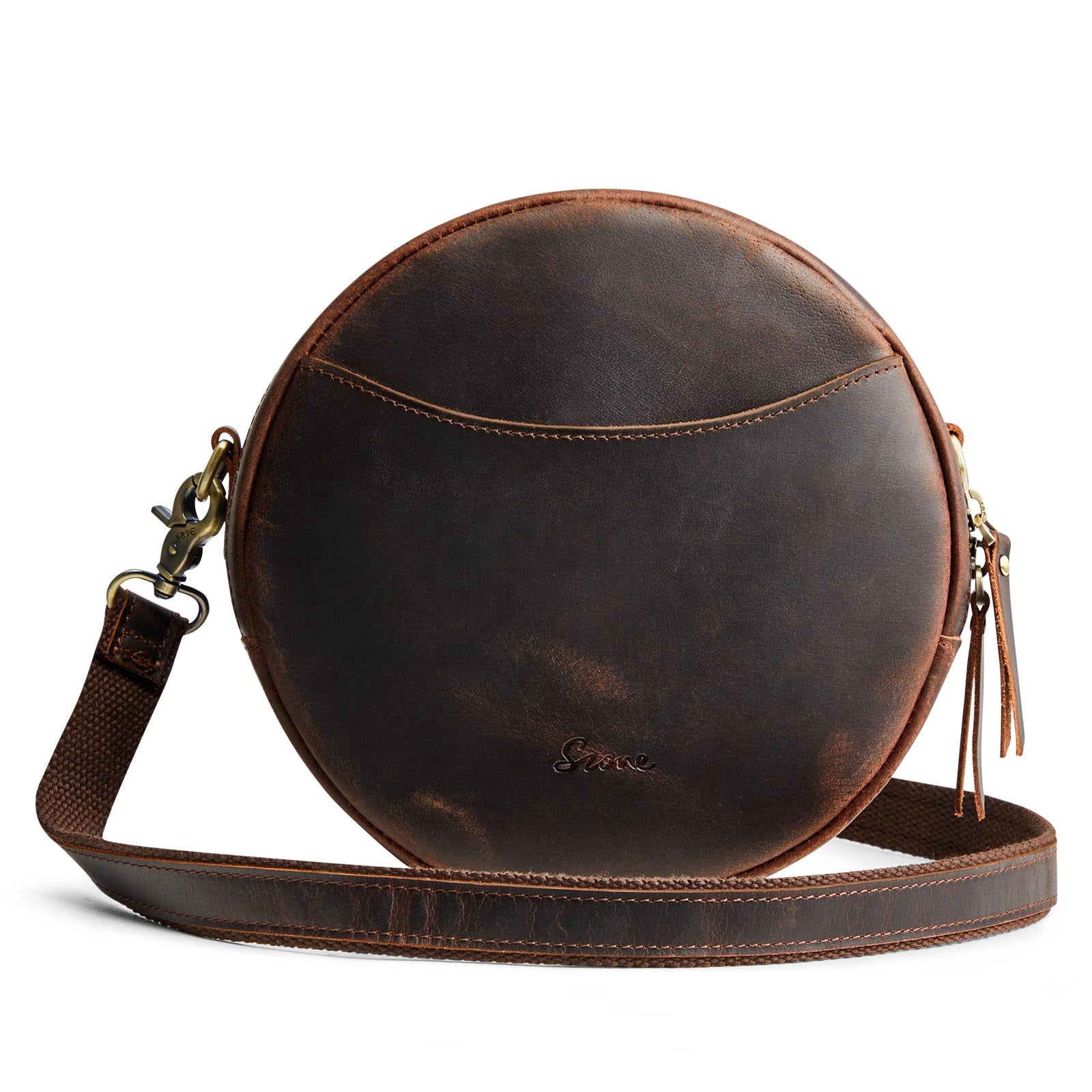 S-ZONE top grain leather circle crossbody bag in dark brown