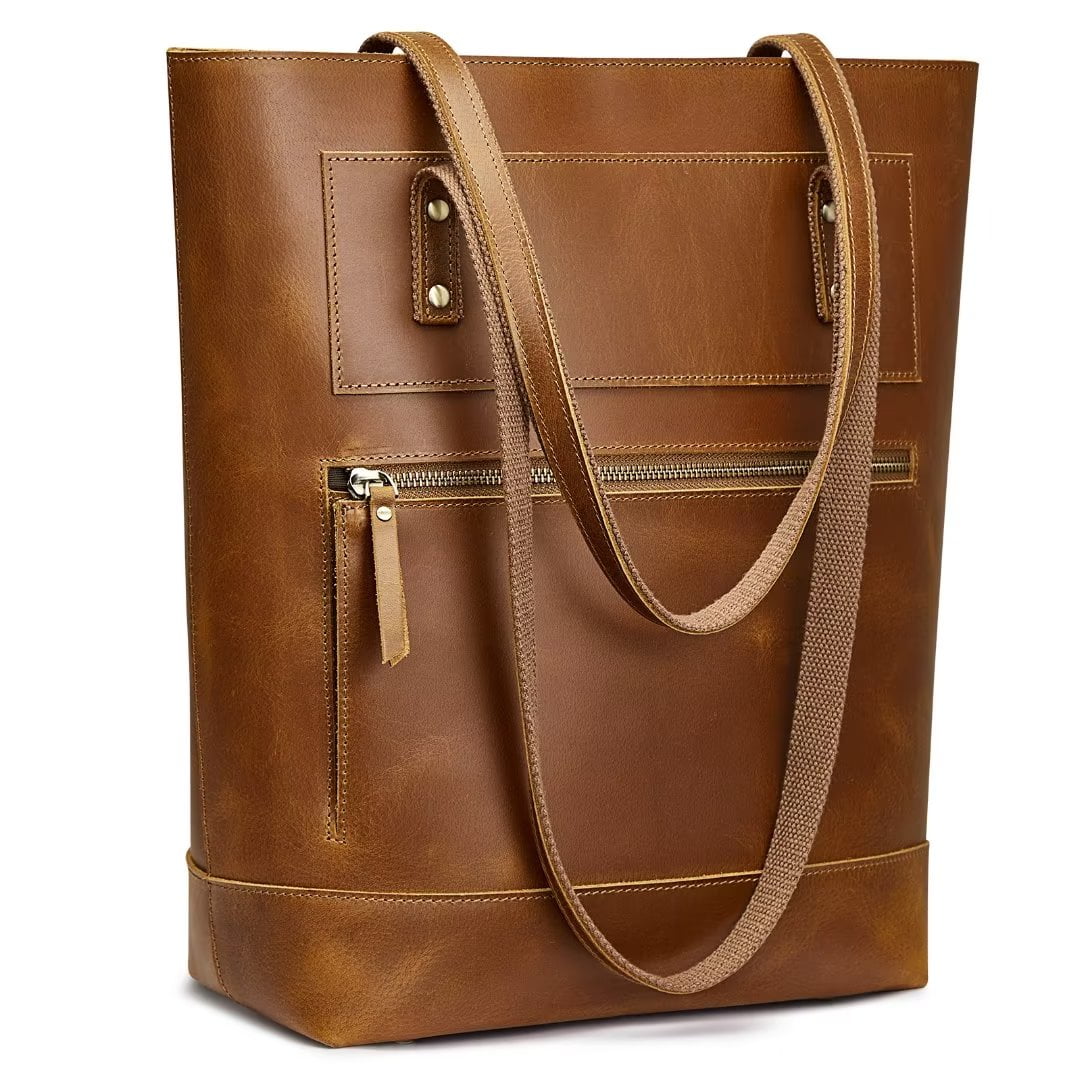 S-ZONE Women's Vintage Genuine Leather Tote Bag - Large Shoulder Purse With Laptop Sleeve & Luggage Strap, Crazy Horse Leather - View #6