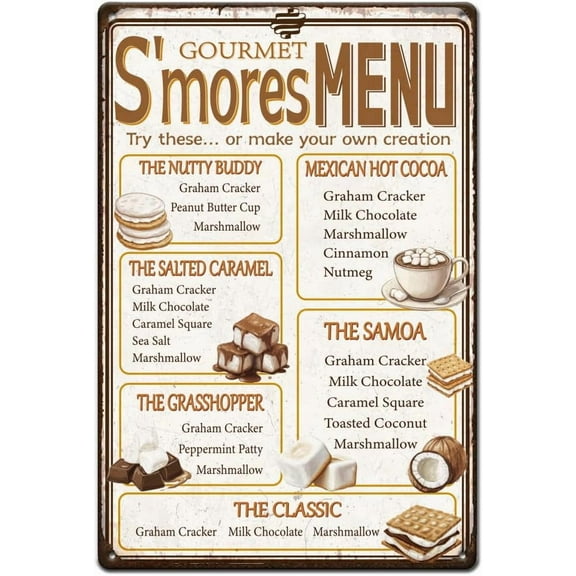 S'more Menu Tin Sign Desserts Retro Metal Poster Vintage Country Art Sign S'more Dessert Store Decor Vintage Wall Art