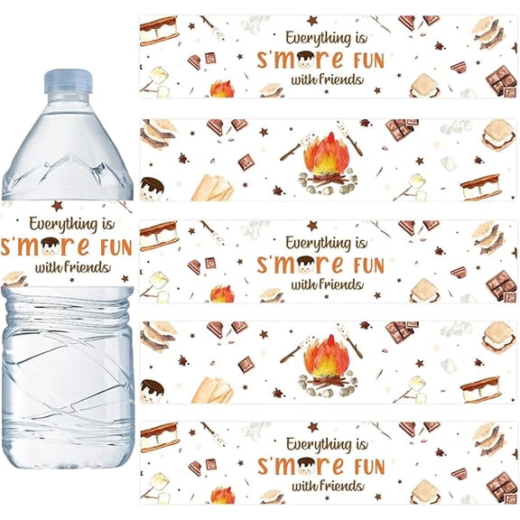 Smores Party Decorations, 52PCS Smores Water Bottle Labels, Camp Water Bottle Wrappers for Smores Baby Shower Birthday Decorations Camping Campfire Camper Party Supplies