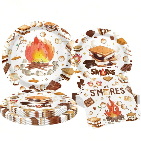 S'mores Party Disposable Dinnerware Set - Campfire & Marshmallow Themed Plates & Napkins for Outdoor Gatherings