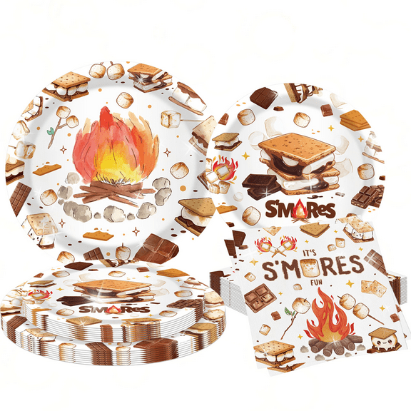 S'mores Party Disposable Dinnerware Set - Campfire & Marshmallow Themed Plates & Napkins for Outdoor Gatherings
