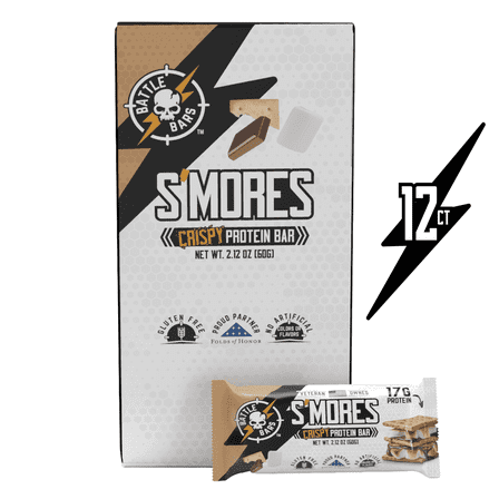 Battle Bars S'mores Marshmallow-Crisp Protein Bars, 12 Pack, 2.10oz, 16g Whey Protein, Gluten Free