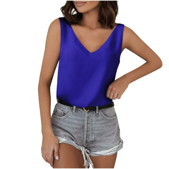 S LUKKC LUKKC Silk Satin Tank Tops for Women V Neck Dressy Casual Cami Sleeveless Camisole Blouses Top Summer Womens Basic Tank Shirt Vests