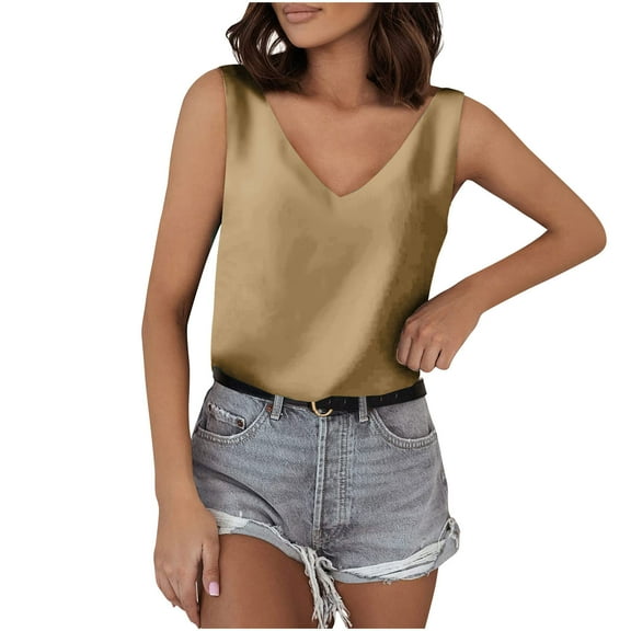 S LUKKC LUKKC Silk Satin Tank Tops for Women V Neck Dressy Casual Cami Sleeveless Camisole Blouses Top Summer Womens Basic Tank Shirt Vests