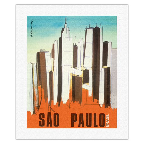 São Paulo - Brasil (Brazil) - Skyline - Vintage Airline Travel Poster by C. Brunswick c.1976 - Fine Art Rolled Canvas Print 16in x 20in