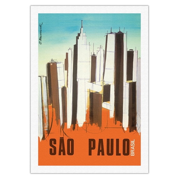 São Paulo - Brasil (Brazil) - Skyline - Vintage Airline Travel Poster by C. Brunswick c.1976 - Fine Art Rolled Canvas Print 27in x 40in