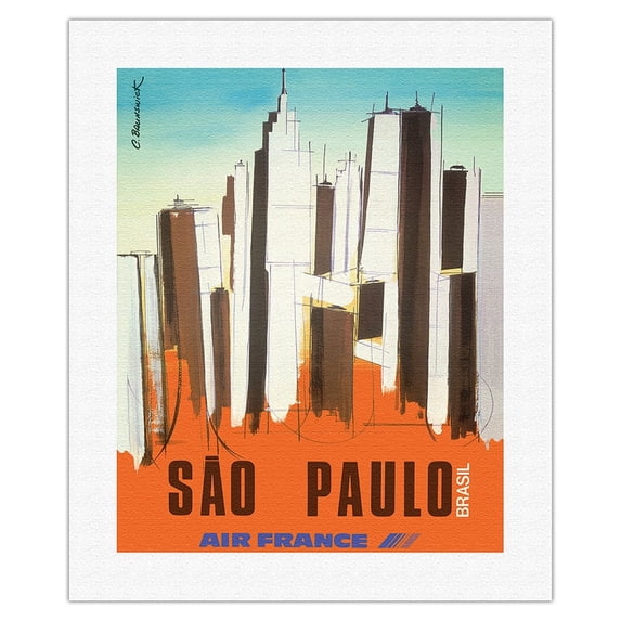 São Paulo Brazil - France - Vintage Airline Travel Poster by C. Brunswick c.1976 - Fine Art Rolled Canvas Print 16in x 20in