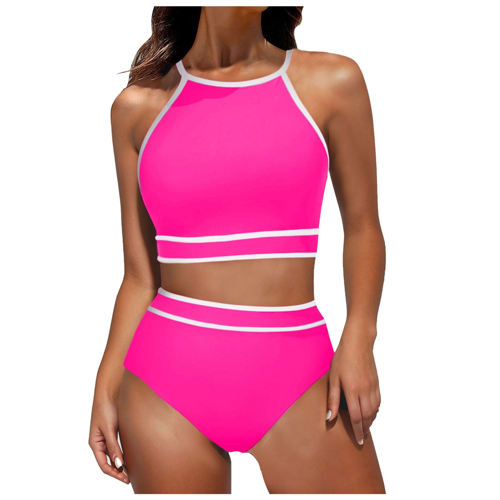 S|opiago Women Sports Bra Bikini Color Block Bathing Suit Scoop Neck Swimsuit Athletic Crop Top for Teen Girls Hot Pink,L