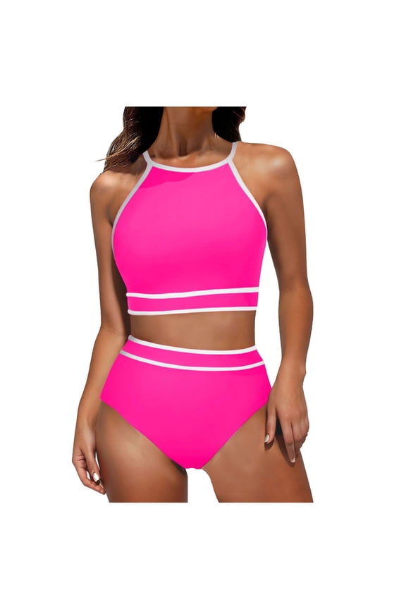 S|opiago Women Sports Bra Bikini Color Block Bathing Suit Scoop Neck Swimsuit Athletic Crop Top for Teen Girls Hot Pink,L