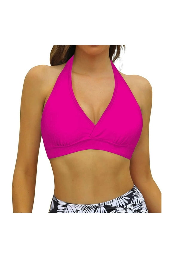 S|opiago Women's Retro Plaid Pattern Polka Dot Halter Molded Soft Pads Vintage Bikini Swimsuits Tops Hot Pink,XXL