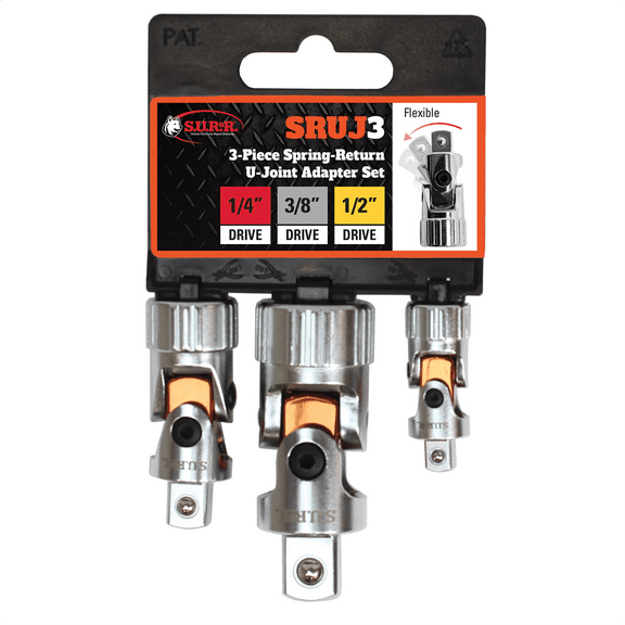 S.U.R.&R. SRUJ3 3-Piece 3/8" female Spring-Return U Joint Adapter Set with dual springs for maintaining alignment and precise control. Excellent for Use in Tight Spaces and One-Handed Operation.
