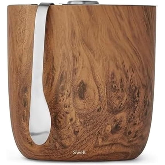 Swell Stainless Steel Ice Bucket with Tongs, 68oz Capacity, Teakwood Pattern Finish, Triple-Layer Vacuum Insulated to Keep Ice Colder Longer, BPA-Free Barware