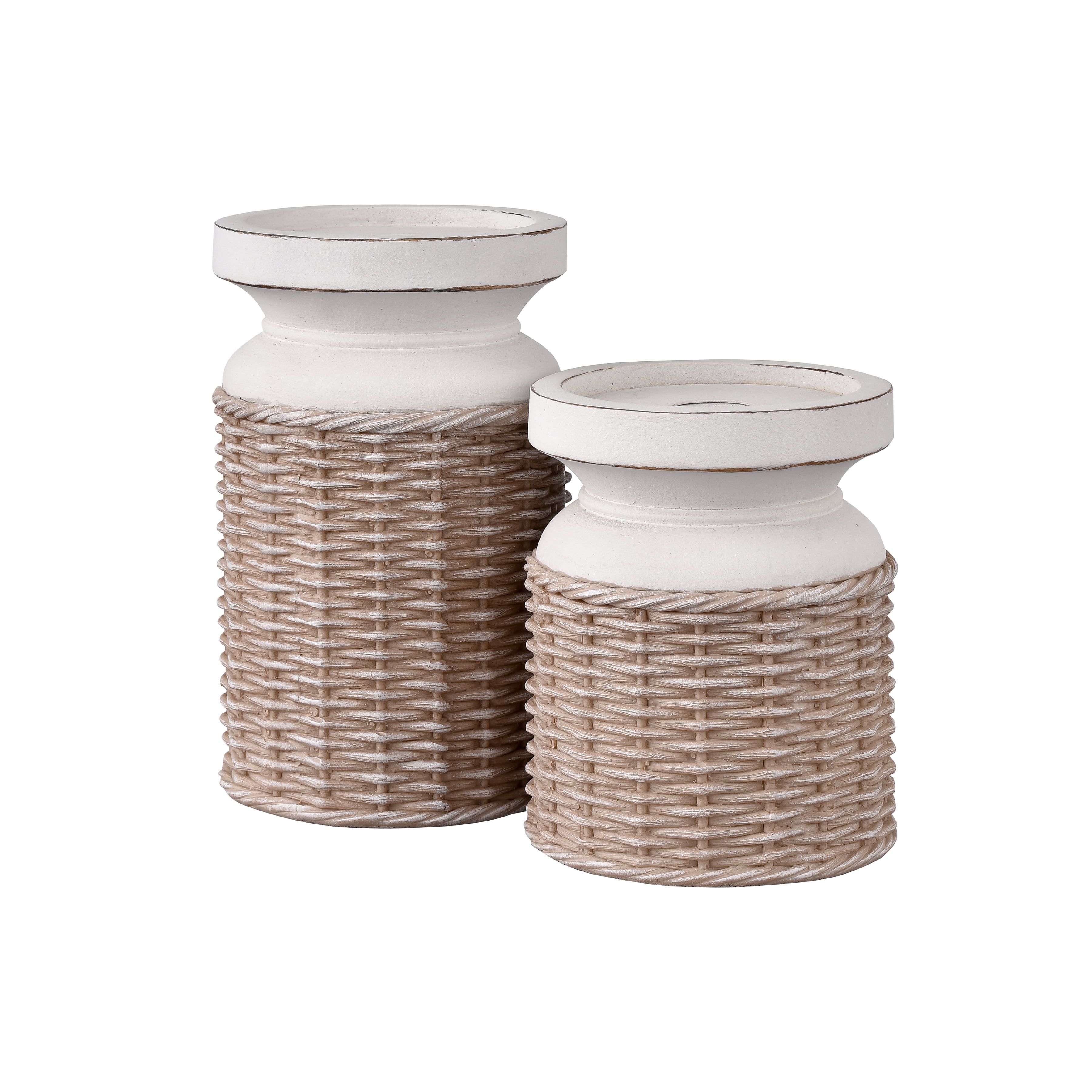 Norris Beige Resin and Rattan Candleholders, Set of 2