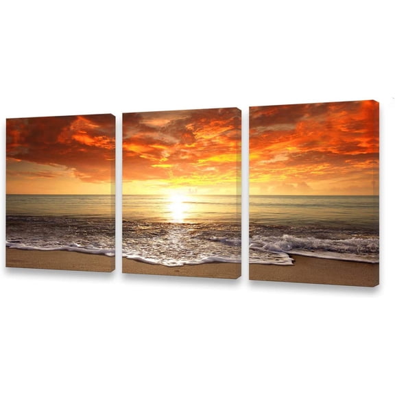 S0168 3 pieces Canvas Prints Wall Art Sunset Ocean Beach Pictures Photo Paintings forLiving Room Bedroom Home Decorations d Seascape Waves Landscape Giclee Artwork 24x32inch x3pcs