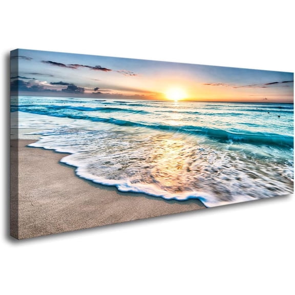 S02250 Canvas Prints Wall Art Beach Sunset Ocean Waves Nature Pictures Stretched Canvas Wooden Framed for living Room Bedroom and Office