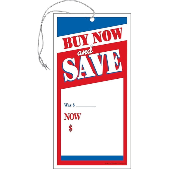 S05BUY Buy Now and Save was Now Sale Elastic Knotted Price Strung Tags with Strings Merchandising Hang Tags Pack of 100 (1 7/8" x 3 5/8") Business Store Signs