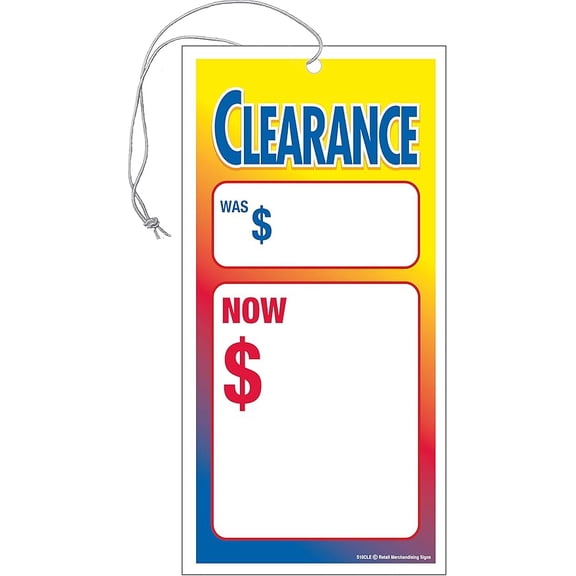S05CLE ClearanceSale Elastic Knotted Price Strung Tags with Strings Merchandising Hang Tags Pack of 100 (1 7/8" x 3 5/8") Business Store Signs