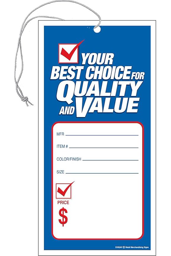 S05QAV Your Best Choice for Quality and Value Sale Elastic Knotted Price Strung Tags with Strings Merchandising Hang Tags Pack of 100 (1 7/8" x 3 5/8") Business Store Signs