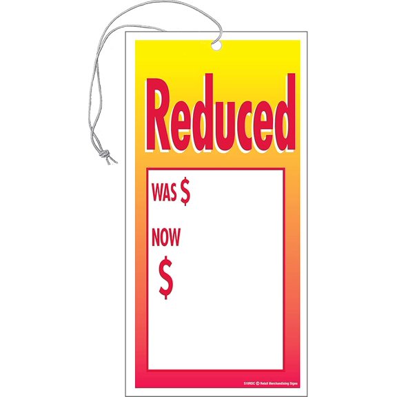 S05RDC Reduced Was Now Sale Elastic Knotted Price Strung Tags with Strings Merchandising Hang Tags Pack of 100 (1 7/8" x 3 5/8") Business Store Signs