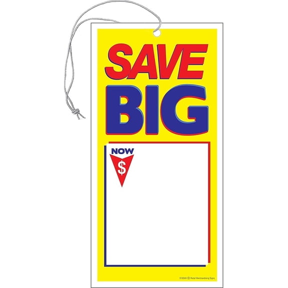 S05SAV Save | Big Elastic Knotted Sale Price Strung Tags with Strings Merchandising Hang Tags Pack of 100 (1 7/8" x 3 5/8") Business Store Signs