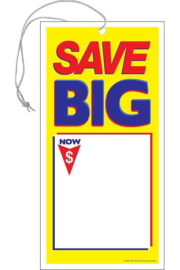 S05SAV Save | Big Elastic Knotted Sale Price Strung Tags with Strings Merchandising Hang Tags Pack of 100 (1 7/8" x 3 5/8") Business Store Signs