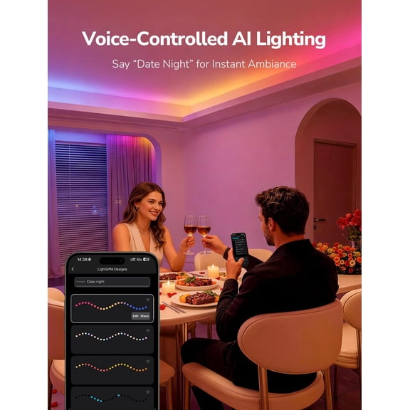 S1 AI LED Strip Lights for Bedroom - 16.4ft Smart RGB Light Strips with IC and Rainbow Chasing Effects, Color Segment DIY, Personalized Al Lighting Designer, No Remote, 2.4G Wi-Fi & Bluetooth