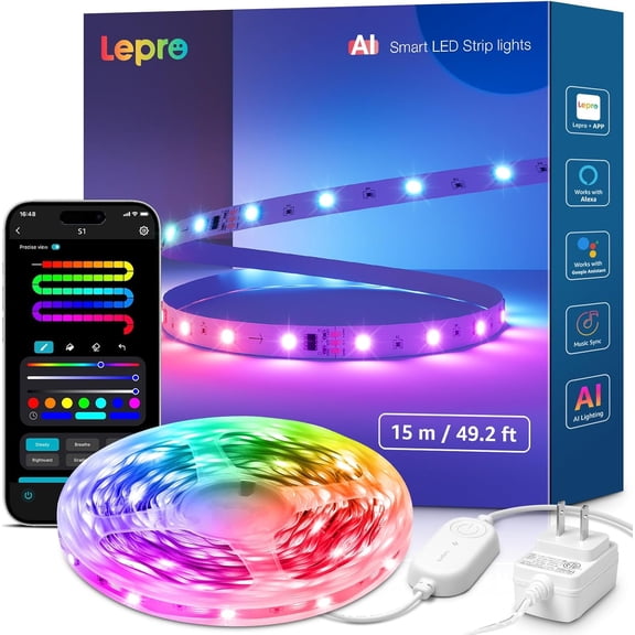 S1 AI LED Strip Lights for Bedroom - 50ft Smart RGB Light Strips with IC and Rainbow Chasing Effects, Color Segment DIY, Personalized Al Lighting Designer, No Remote, 2.4G Wi-Fi & Bluetooth