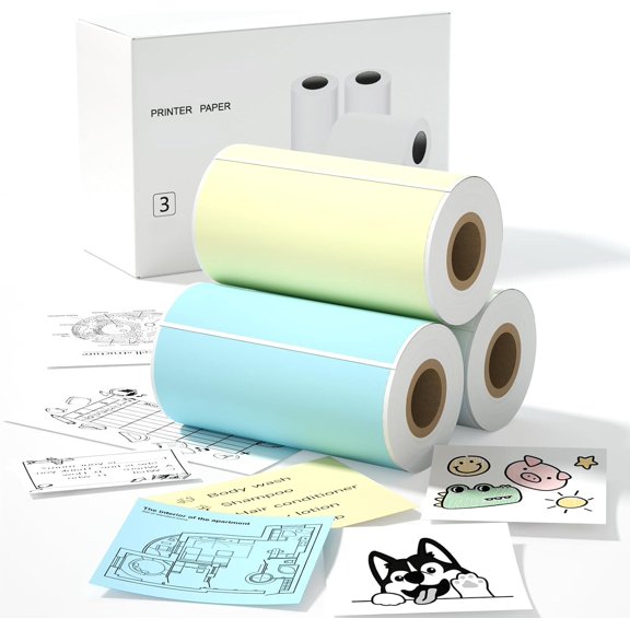 S1 S2 M02 T02 Mini Thermal Sticker Paper - 3 Rolls (White Blue Yellow 57x29mm, 3.5m/Roll) for Cameras and Label Printer - Refill for ' Pocket Printer, Mini Photo Labels, To-do Lists