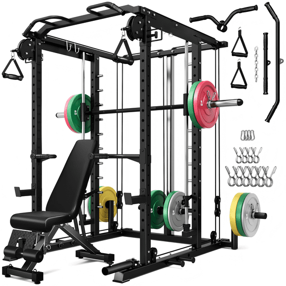 S1-V4 Smith Machine, 2000LBS Power Cage with Cable Crossover System, All-in-One Squat Rack with Smith Bar, Strength Training Equipment for Hone Gym