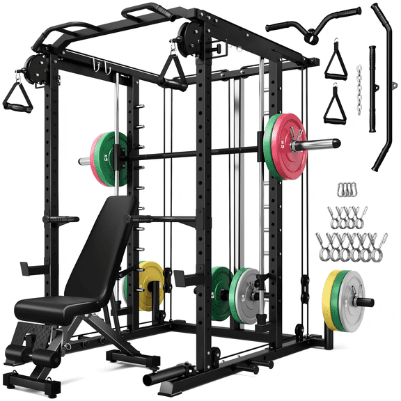 S1-V4 Smith Machine, 2000LBS Power Cage with Cable Crossover System, All-in-One Squat Rack with Smith Bar, Strength Training Equipment for Hone Gym