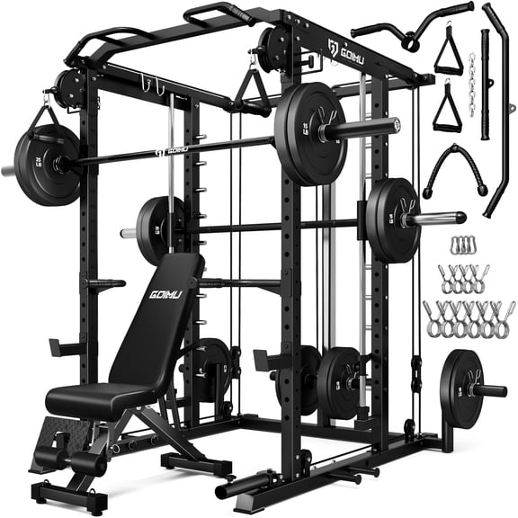 S1-V4 Smith Machine, 2000LBS Power Cage with Cable Crossover System, All-in-One Squat Rack with Smith Bar, Strength Training Equipment for Hone Gym