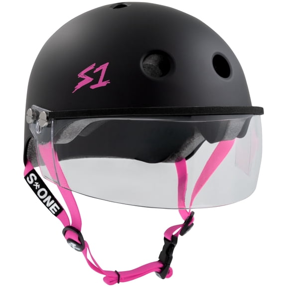 S1 Visor Lifer Helmet - Black Matte w/ Pink Straps and Clear Visor (Size Small (21"))