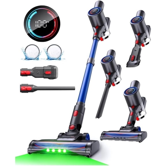 S10 Cordless Vacuum Cleaner, 40KPA/500W/45Mins, LED Display, 8-in-1 Lightweight Stick Vacuum Cleaners for with Green LED Light, 6-Stages Filtration, Self-Standing Design, Blue