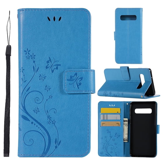 S10 Plus Case, Samsung Galaxy S10 Plus Case - Allytech Premium Wallet PU Leather with Fashion Embossed Flower Magnetic Clasp Card Holders Flip Cover with Hand Strap, Blue