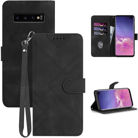 S10 Plus Wallet Case,for Galaxy S10 Plus Case,Card Holder Leather Kick-Stand,S10+ Flip Cases Protector 2023,Wrist Strap, Closure,Shockproof Protective Cover for Samsung S10+ Plus (Black)