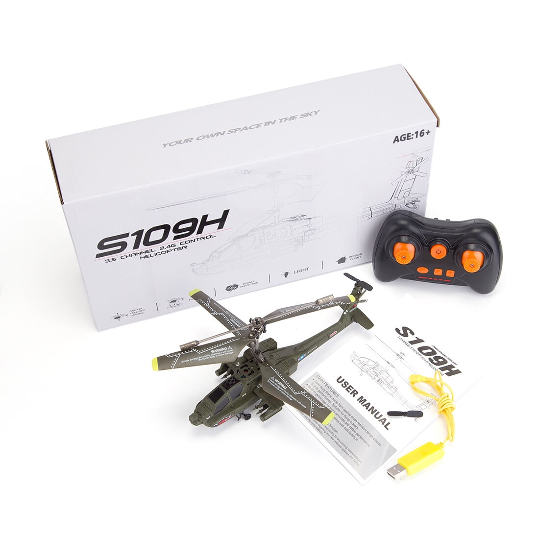S109H Apache RC Helicopter Model with Gyro Stabilizer, 2.4GHz 3CH Dual-Prop Airplane with Night Lights, One-Key Takeoff, Return & Hover, RTF Aircraft for RC Hobbyists
