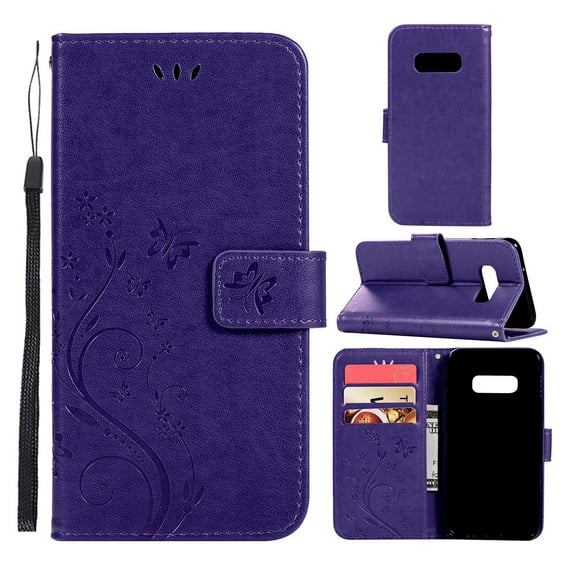 S10e Case, Samsung Galaxy S10e Case - Allytech Premium Wallet PU Leather with Fashion Embossed Flower Magnetic Clasp Card Holders Flip Cover with Hand Strap, Purple