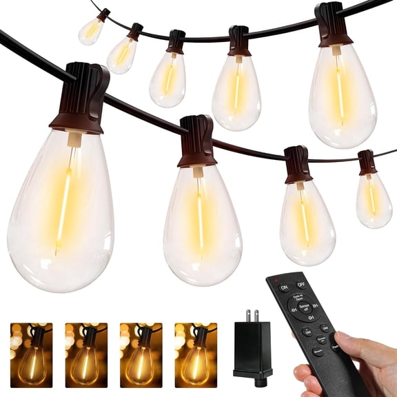 S11 100FT Outdoor String Lights with Remote, Plug in Waterproof Connectable 3 Modes Dimmable Timers Patio Lights with 48+2 LED Spare Bulbs, Dusk to Dawn Outdoor Light for Outside Bistro Yard