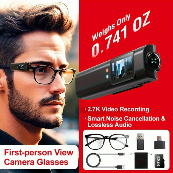 S110 2.7K HD Vlog/FPV Camera - 0.96-inch IPS Screen, Compact Wearable Glasses Camera | 110° Wide Angle, 32G Card Supported | Fits All Glasses, Ideal for Life Recording/Vlogging