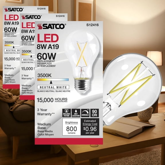 S12416-8 Watt A19 Clear LED Bulb - 3500K Neutral White - 800 Lumens - Medium E26 Base - 120 Volts - 60W Equivalent, Wet Location (2 Pack)