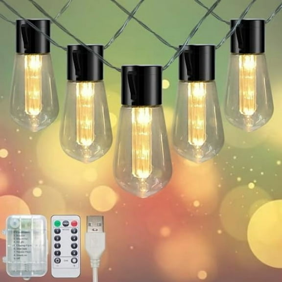 S14 Battery Operated & USB Powered 6.8Ft Patio Lights - 10 LED Shatterproof Edison Bulb String Lights with Remote Timer for Indoor, Outdoor, Camping & Xmas Decor