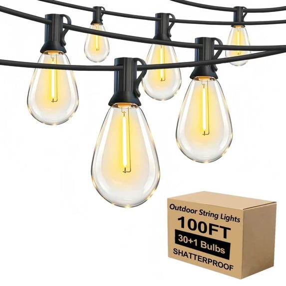 S14 LED 100ft Outdoor String Lights, 30+1 Shatterproof Waterproof Bulbs for Patio Cafe Bistro