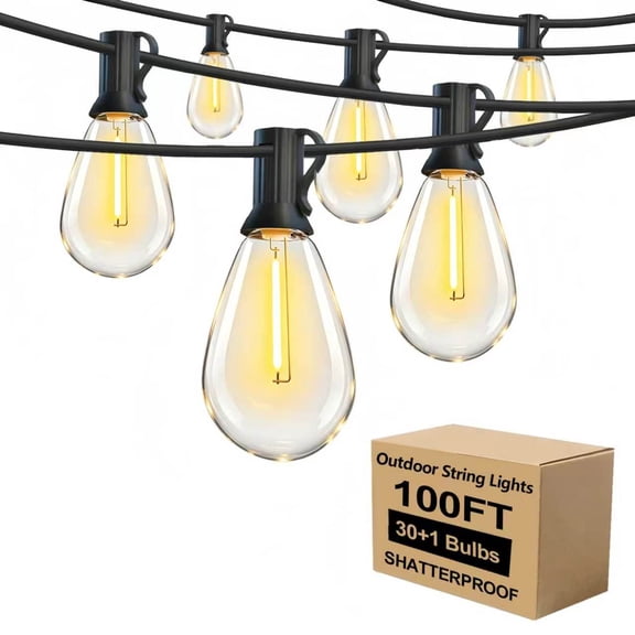 S14 LED 100ft Outdoor String Lights, 30+1 Shatterproof Waterproof Bulbs for Patio Cafe Bistro