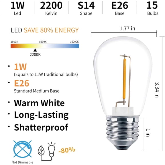 S14 Outdoor String Lights Bulbs, Shatterproof & Waterproof 1Watt LED Edison Light Bulbs 11W Equivalent, 2200K Warm White, E26 Medium Base,15Pack